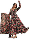 Modestouze Attires Anarkali Flared Calf-Length Floral Print with Printed Dupatta Set (Black) (MAK104), Black, L