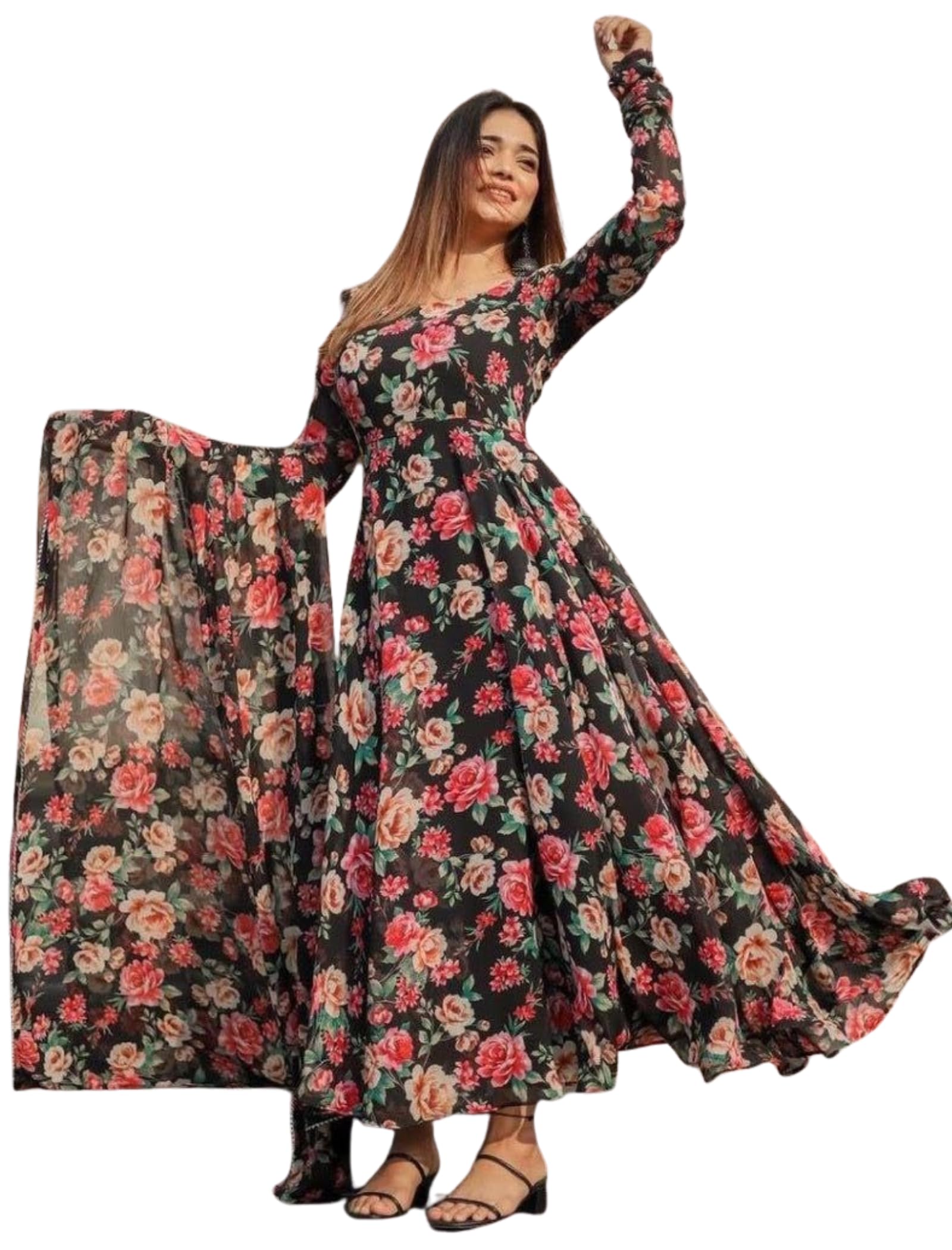Modestouze Attires Anarkali Flared Calf-Length Floral Print with Printed Dupatta Set (Black) (MAK104), Black, L