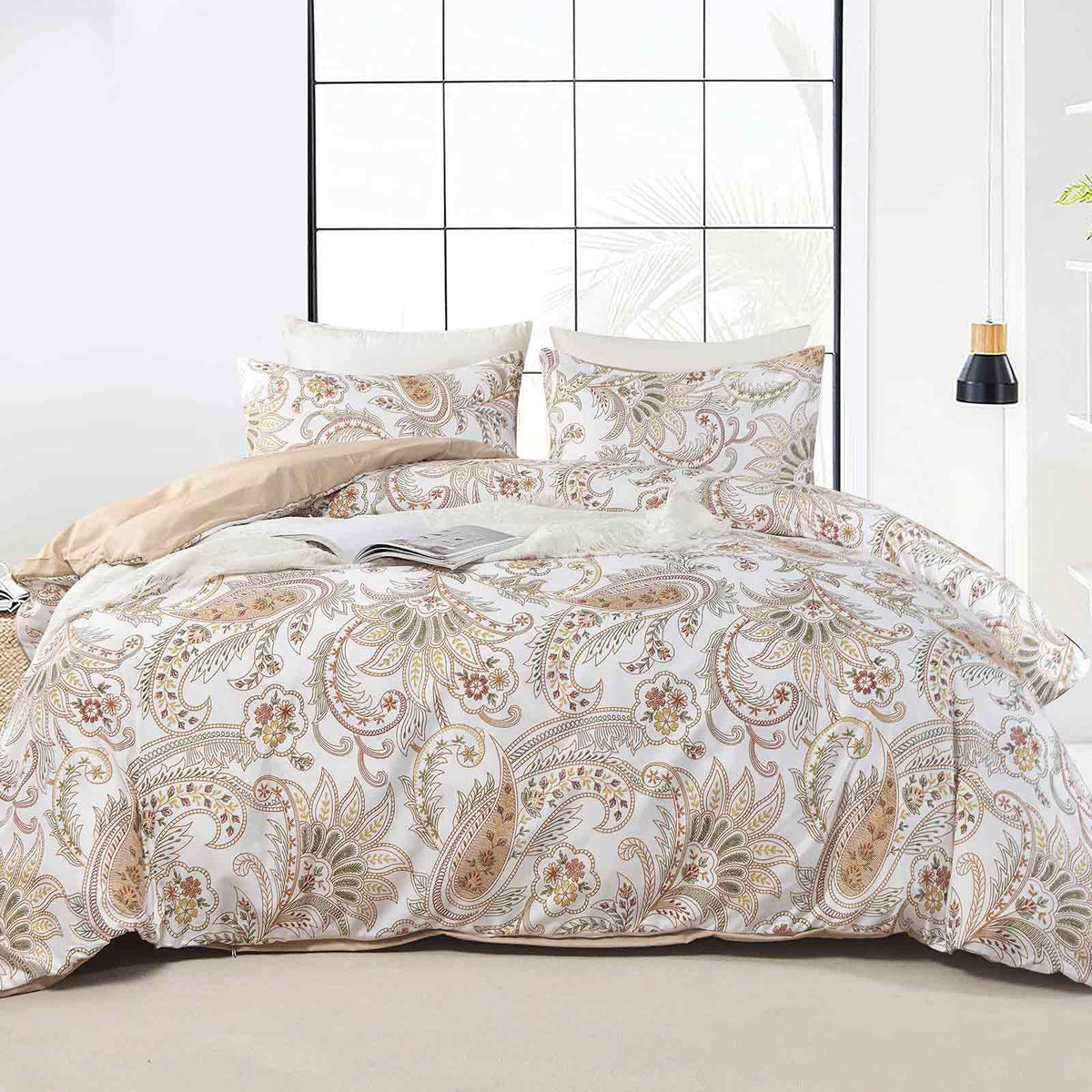 Nanko Paisley Duvet Cover Set Queen Size  Tan Taupe Classy Boho Damask Printed Pattern Bed Set  Soft Microfiber Reversible Comforter Bedding Cover with Zip Ties - Farmhouse for Women Men  3 Pcs 90 x90