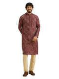 Manyavar MenS Viscose Blend Printed Kurta Set (Wine M)
