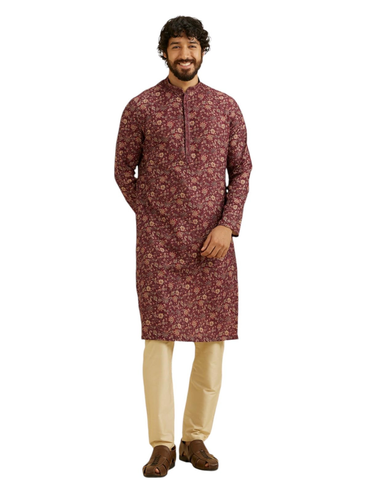 Manyavar MenS Viscose Blend Printed Kurta Set (Wine M)