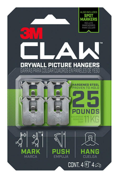 3M CLAW 25 lb. Drywall Picture Hanger with Spot Markers  Heavyweight Hanging Solution for Room Decor and Office Decor  Including Mirrors or Large Art - 4 Pack