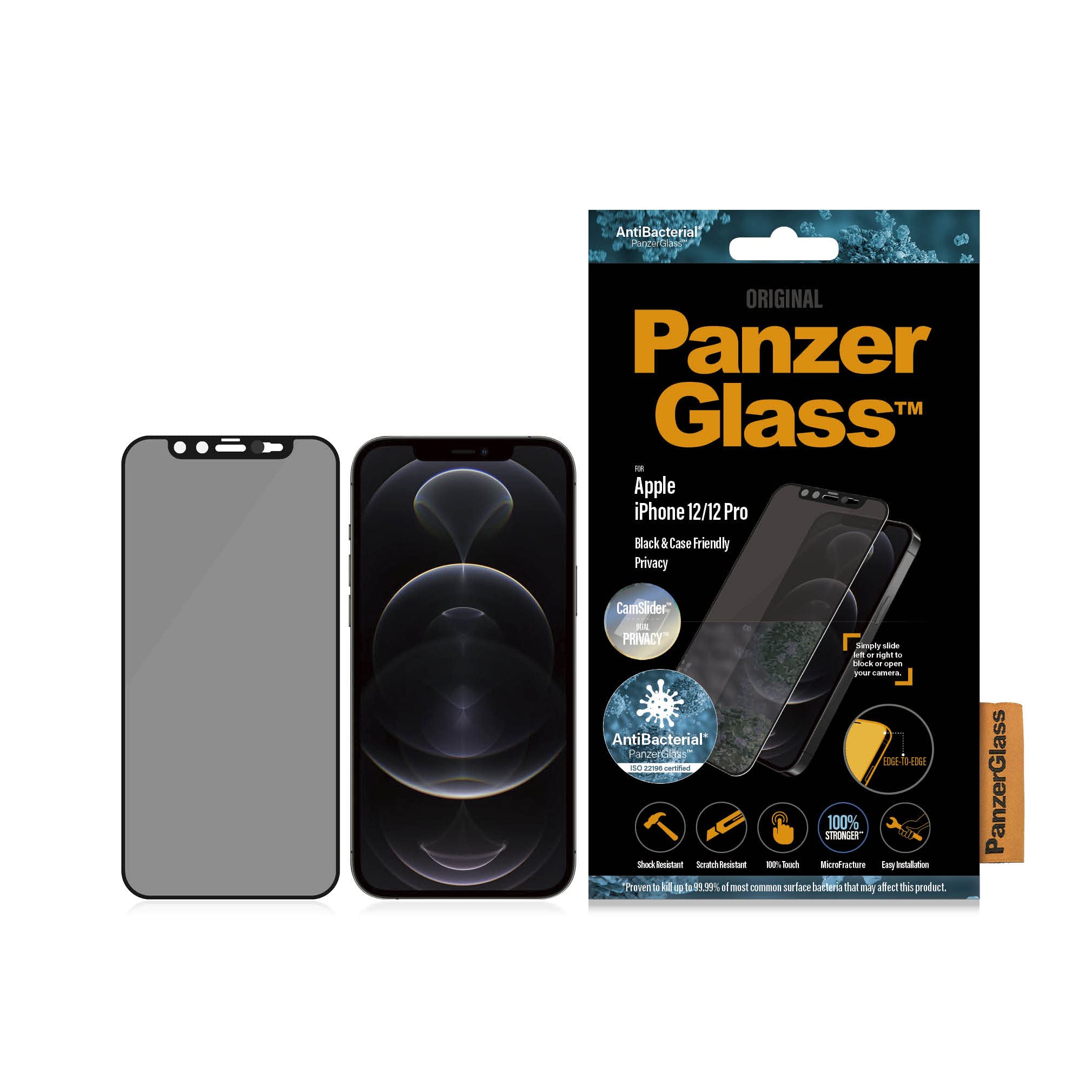 PanzerGlass Dual Privacy Screen Protector with Selfie Camera Cover iPhone 12 12 Pro  full coverage  case friendly  anti fingerprint  cam slider iPhone screen protector Condition-New