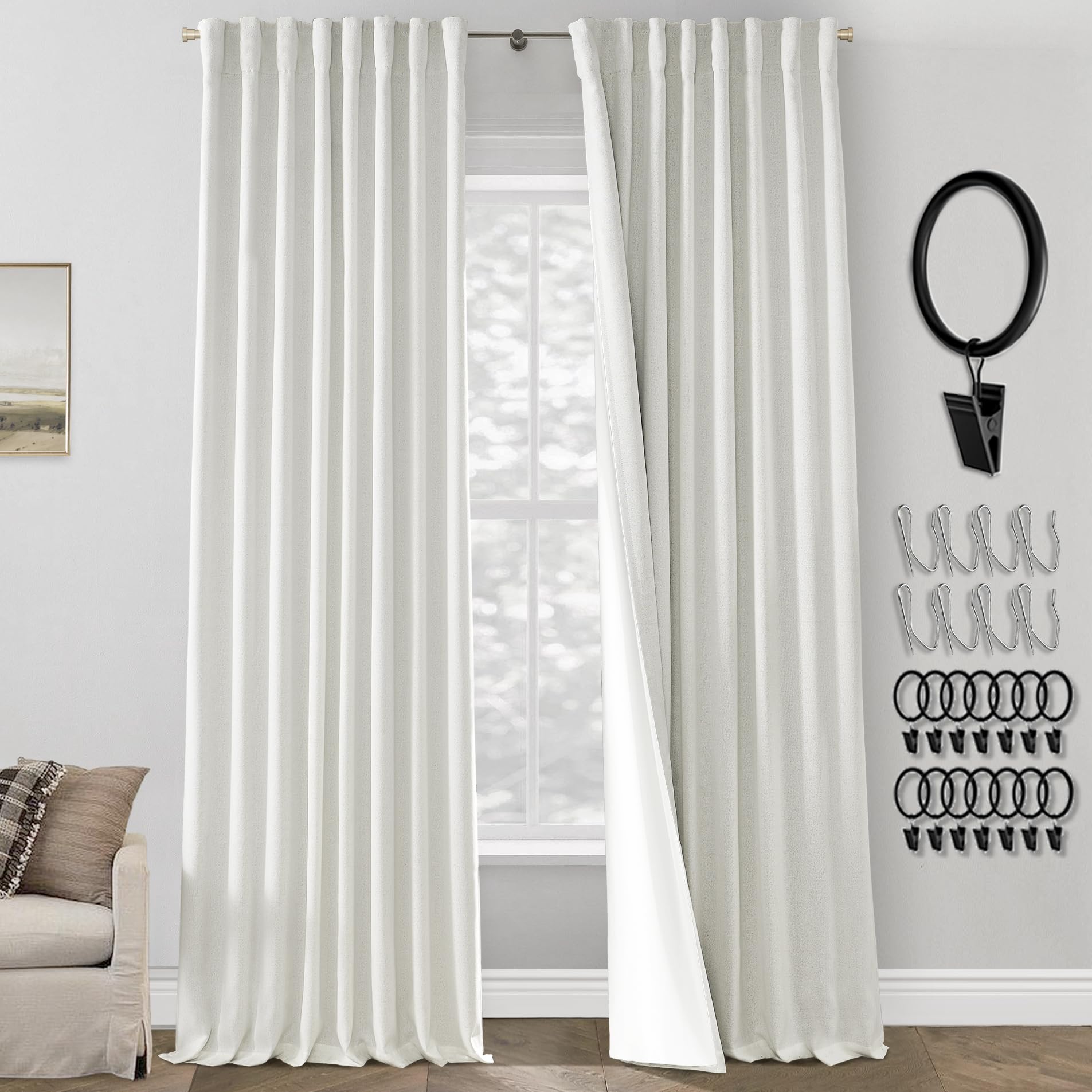 PANELSBURG Off White Back Tab Room Darkening Thermal Insulated Linen Blackout Curtains 102 Inch Length 2 Panels for Living Room