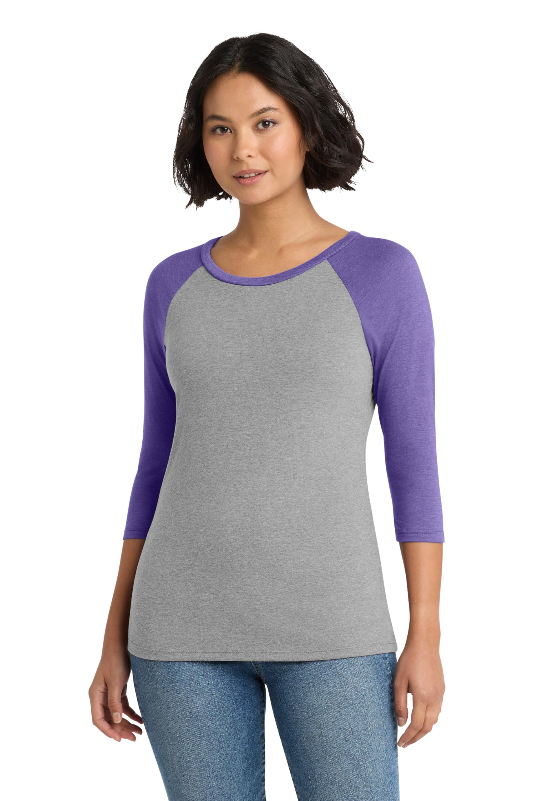 District Womens Perfect Tri 3/4-Sleeve Raglan - Stylish Casual Baseball T-Shirt, Soft Tri-Blend Fabric, Purple Frost/Grey Frost, L