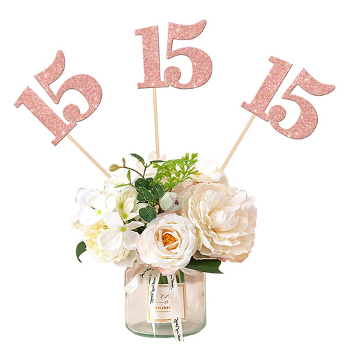 12 PCS Happy 15th Birthday Centerpiece Sticks Double Sided Glitter Number 15 Table Flower Centerpieces Stick Cheers to 15 Floral Decorations for 15th Birthday Anniversary Party Supplies Rose Gold