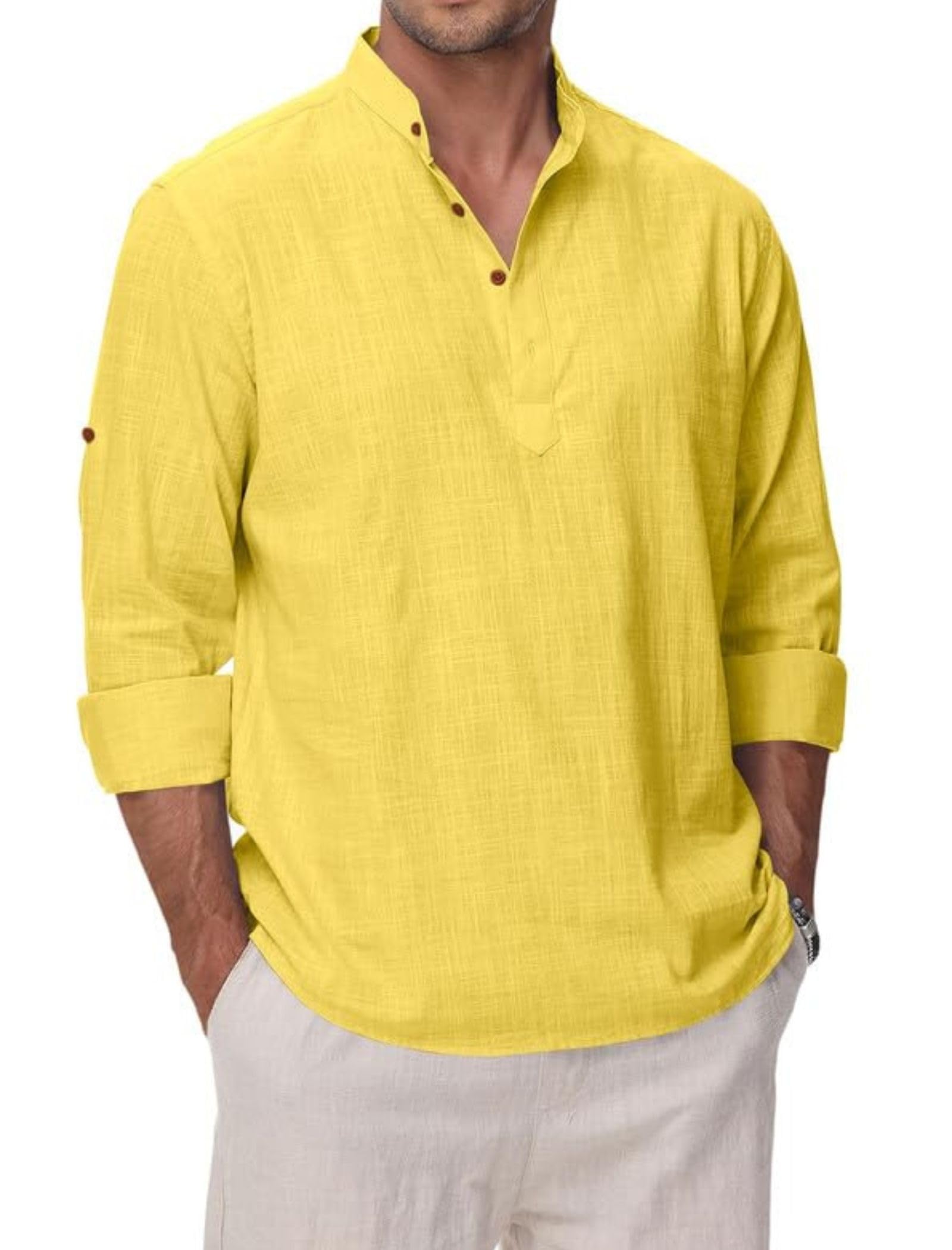 Macsivo Mens Cotton Polyester Blend Long Sleeve Short Kurta, Yellow, XL