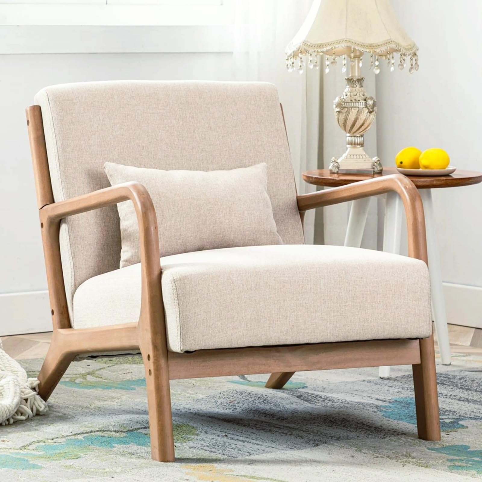 ANJ Mid Century Modern Accent Chair, Comfy Fabric Living Room Chairs with Solid Wood Frame, Lounge Reading Armchair, Easy Assembly, Beige Condition-New