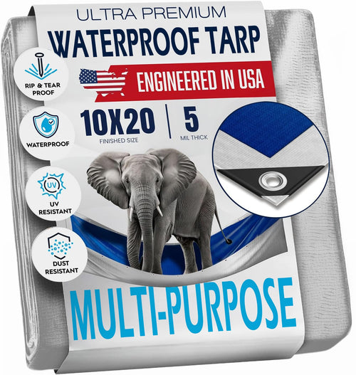 10x20 Tarp Waterproof Plastic Tarp with Grommets Every 18 Inches - 5 Mil - Multipurpose Water Proof Rain Cover  Outdoor  Garden  Camping  Emergency Survival (Reversible Tarpaulin  Blue and Silver)