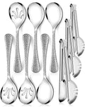 Teivio Hammered Stainless Steel Metal Serving Utensils Set of 9  10  Serving Spoons  10  Slotted Spoons  9  Serving Tongs  Large Hostess Serving Set for Parties Chafing Dish Buffet Catering (Silver)