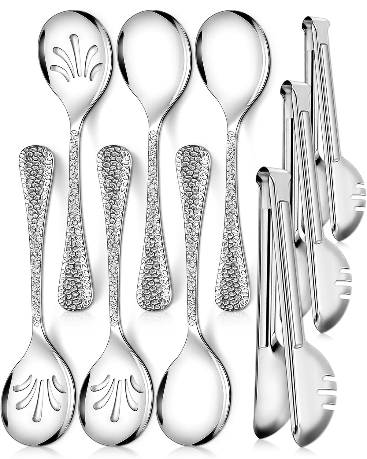 Teivio Hammered Stainless Steel Metal Serving Utensils Set of 9  10  Serving Spoons  10  Slotted Spoons  9  Serving Tongs  Large Hostess Serving Set for Parties Chafing Dish Buffet Catering (Silver)
