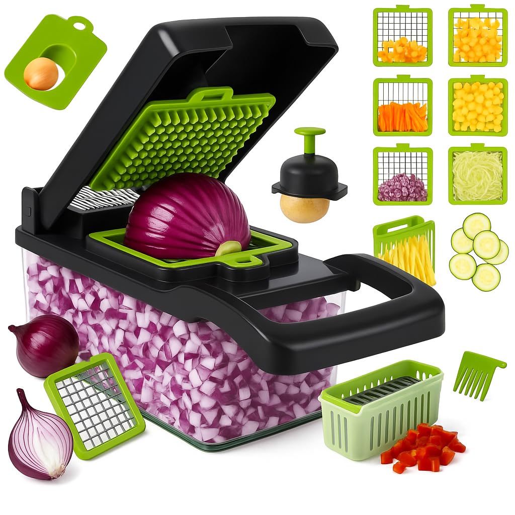 14-in-1 Vegetable Chopper, Mandoline Slicer and Food Processor - Kitchen Essentials for Effortless Food Prep - Includes Salad Spinner, Cheese Grater, Onion Chopper, French Fry Cutter, and More Condition-New
