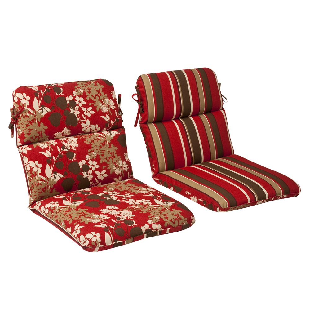 Pillow Perfect Reversible Floral Stripe Indoor/Outdoor 1 Piece Split Back Round Corner Chair Seat Cushion with Ties, Deep Seat, Weather, and Fade Resistant, 40.5Inch x 21Inch, Brown/Red Monserrat, 1 Count Condition-Used