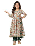 Naixa GirlS Rayon Anarkali Cream Printed Tassel Tie Kurta Set With Churidar Outfit V Nack 3/4 Sleeves And Golden Lace Dupatta (13-14Years)