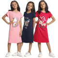 T2F Girls Half Sleeve 100% Cotton Knee Length Printed Nightgown  Nightdress  Sleepwear (Pack of 3)