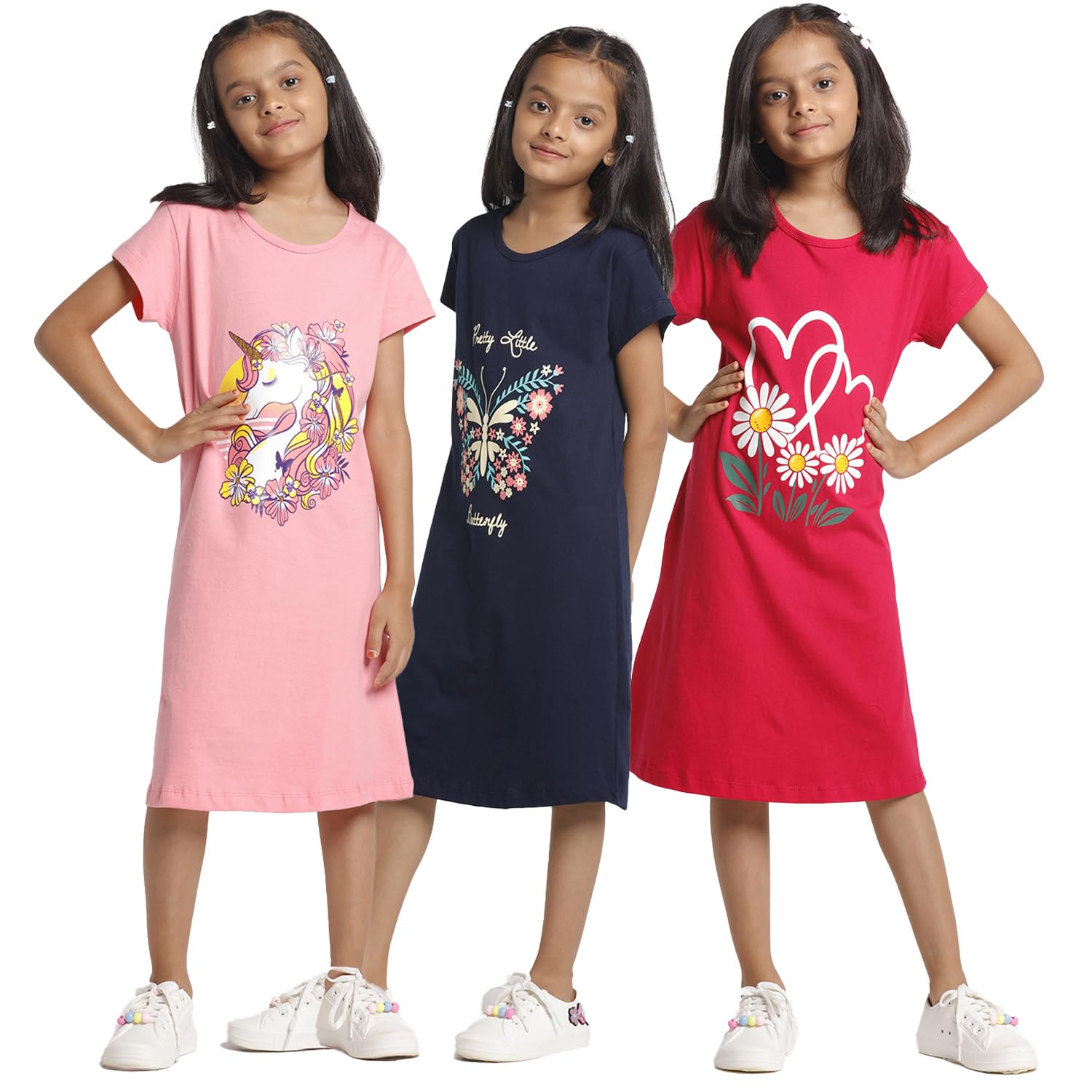 T2F Girls Half Sleeve 100% Cotton Knee Length Printed Nightgown  Nightdress  Sleepwear (Pack of 3)