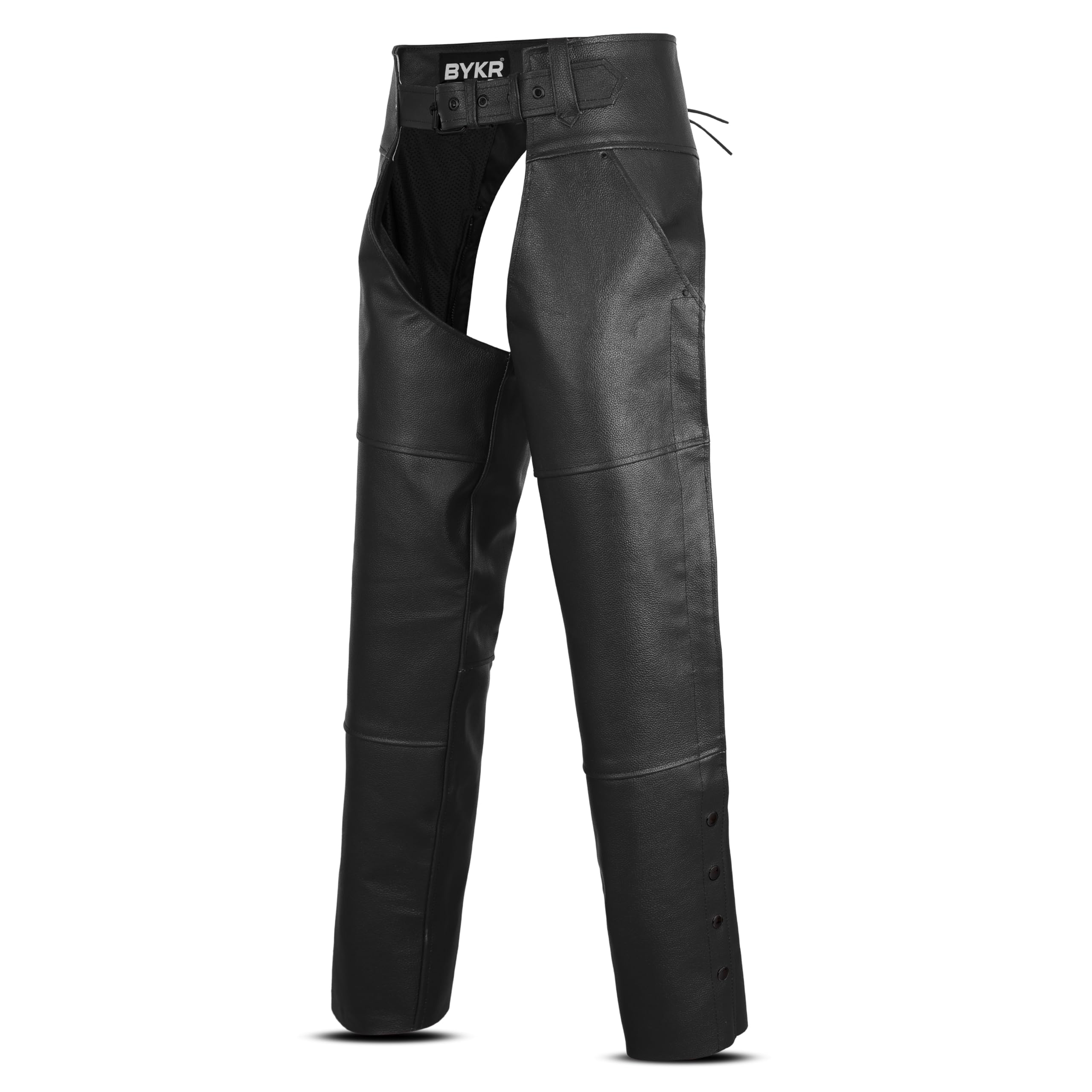 BYKR Leather Motorcycle Chaps for Men & Women Overpants Cowboy Riding Biker Vintage Chap Pants Adjustable Waist & Length (Black  40 Inch)