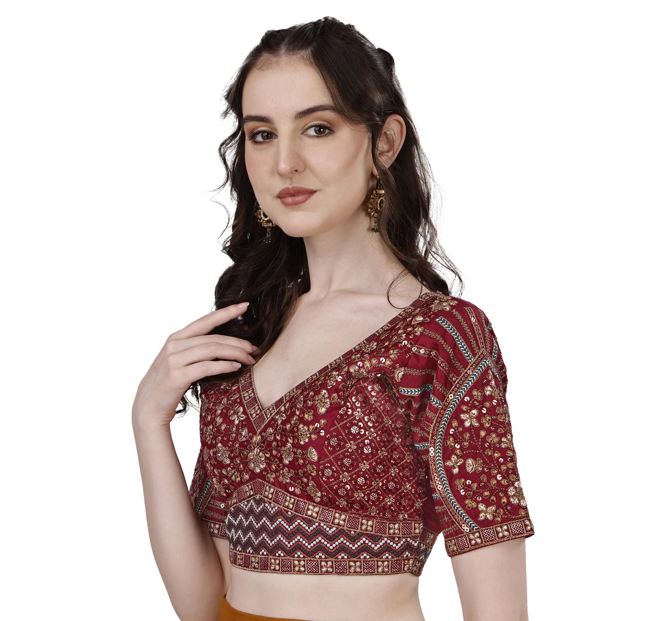 Pujia Mills Mills Womens Half-Sleeve Saree Blouse Multicoloured, Burgundy, 38