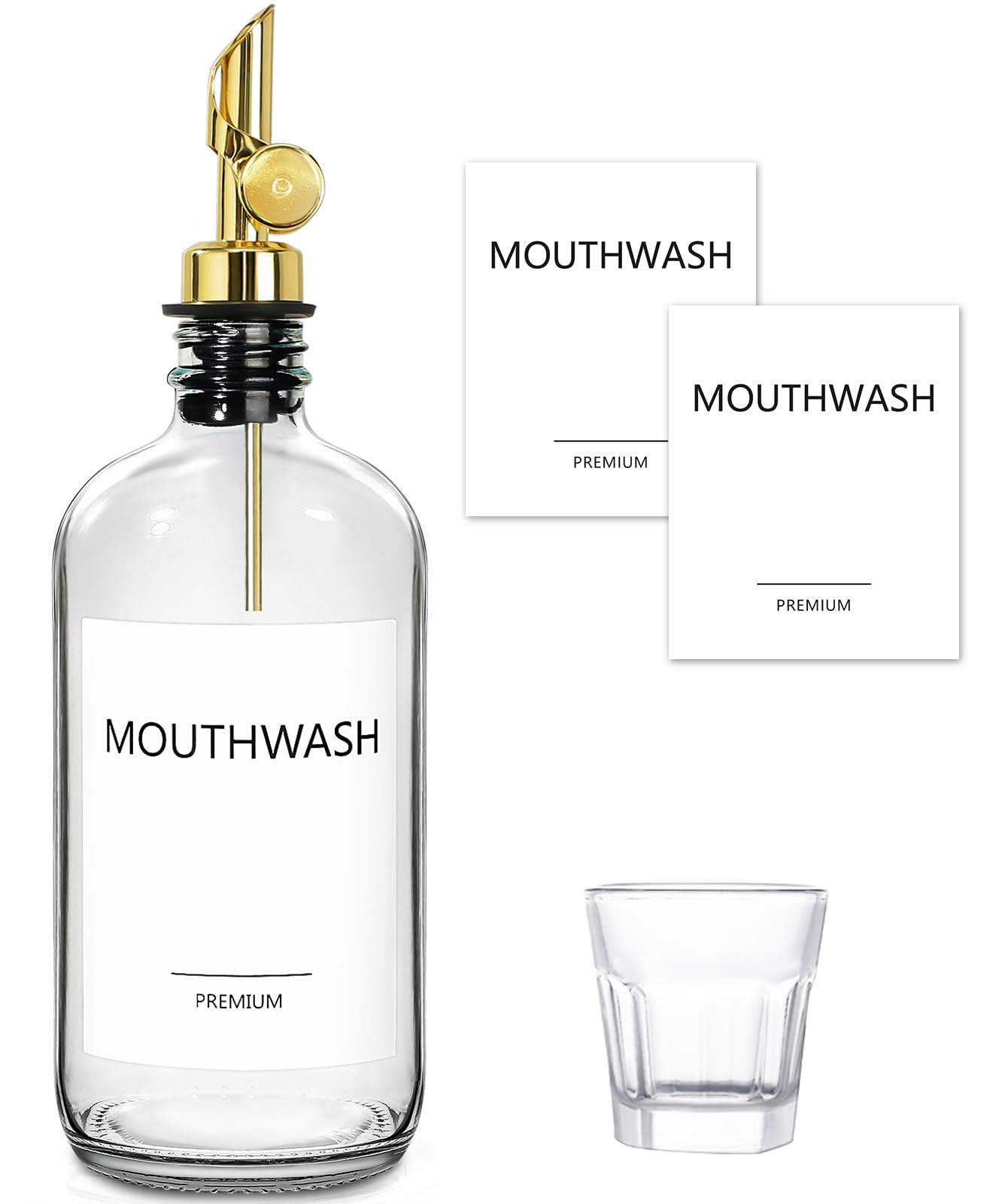 TOLDATLI Mouthwash Dispenser for Bathroom, 17 fl oz Glass Mouthwash Dispenser with Cup, Mouth Wash Container Bottle with Cup, Refillable Mouthwash Decanter, Clear, 1 Pack