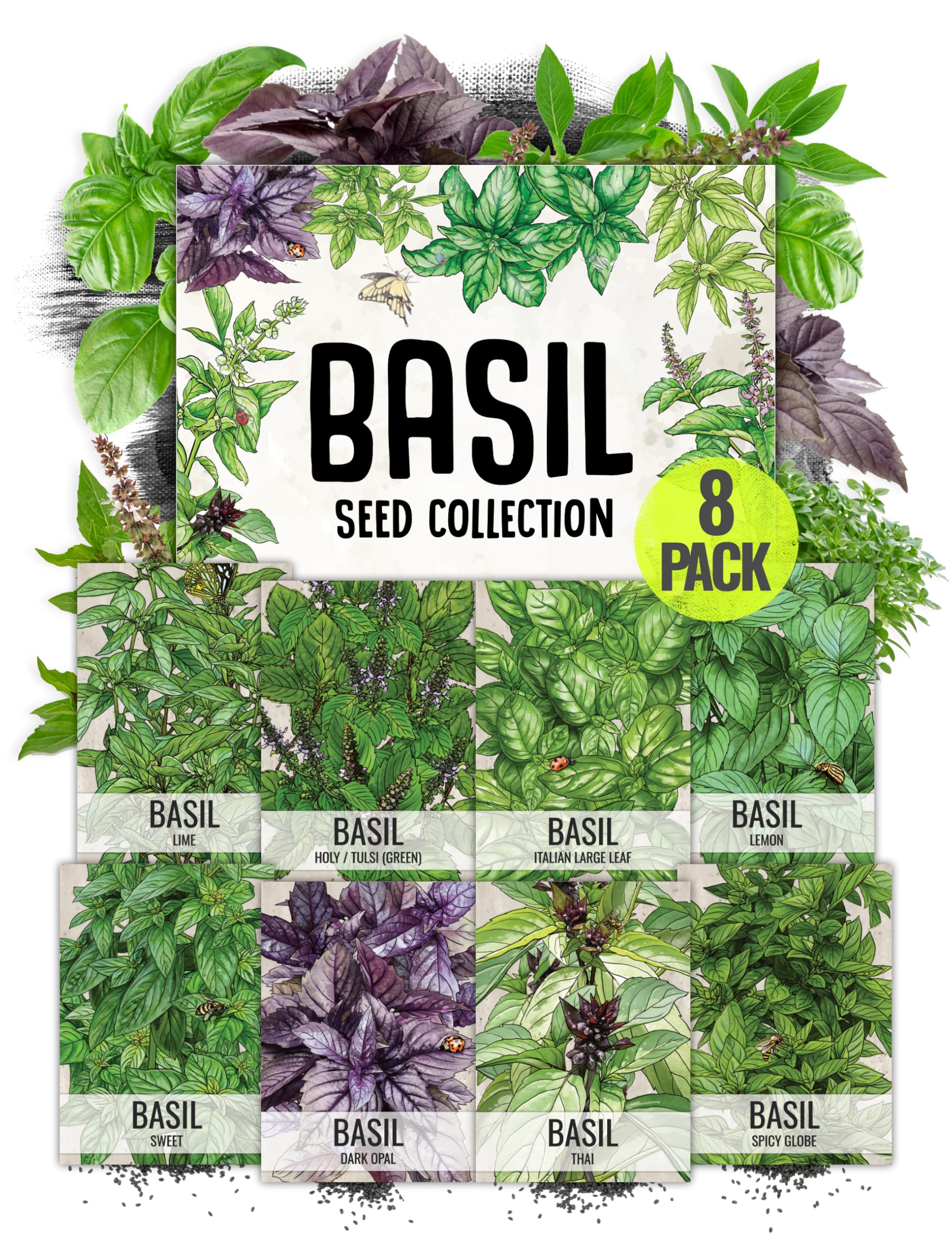 Seed Needs Basil Seeds Variety Pack of 8 Herbs for an Indoor Outdoor Garden