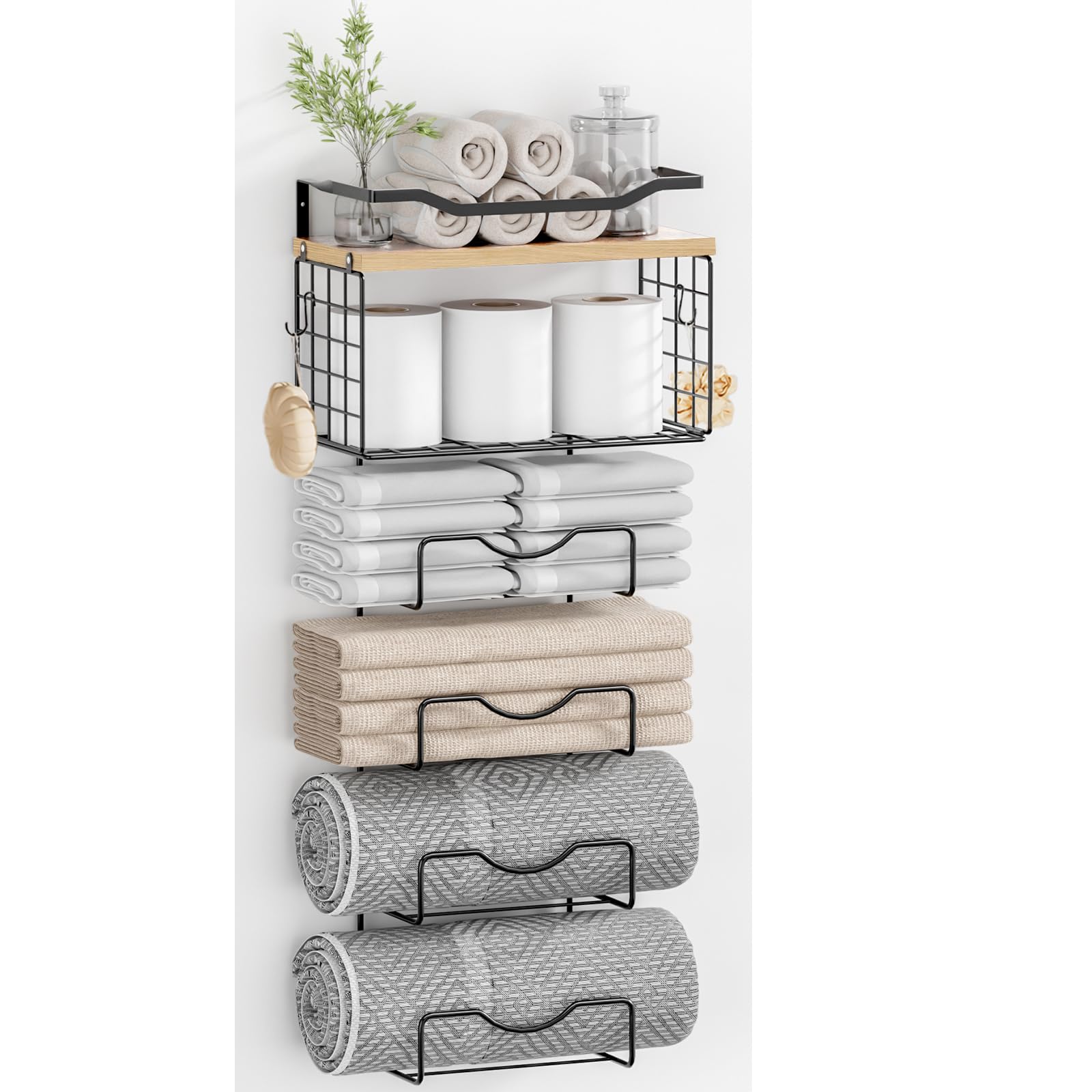Towel Racks for Bathroom Towel Rack Wall Mounted  6 Tier Rolled Or Folded Towel Holder with Floating Shelves  Bathroom Towel Holder for Bath  Hand Towels Metal Walnut Wood Panel