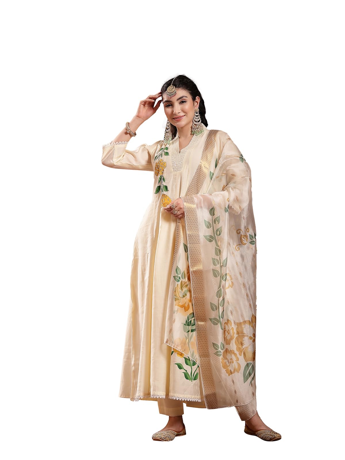 Stylum Dupatta Cream Floral Embroidered Roman Silk Kurta Trousers, cream, 48
