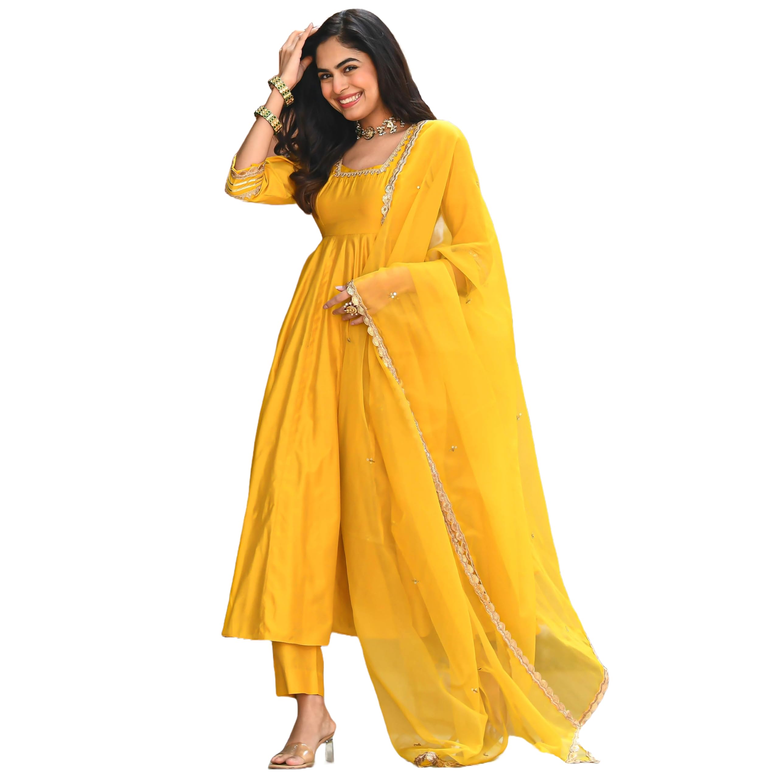 Gosriki WomenS Rayon Blend Anarkali Solid Kurta With Pant & Dupatta (Sitapati Yellow-Gs_Xl_Yellow_X-Large)