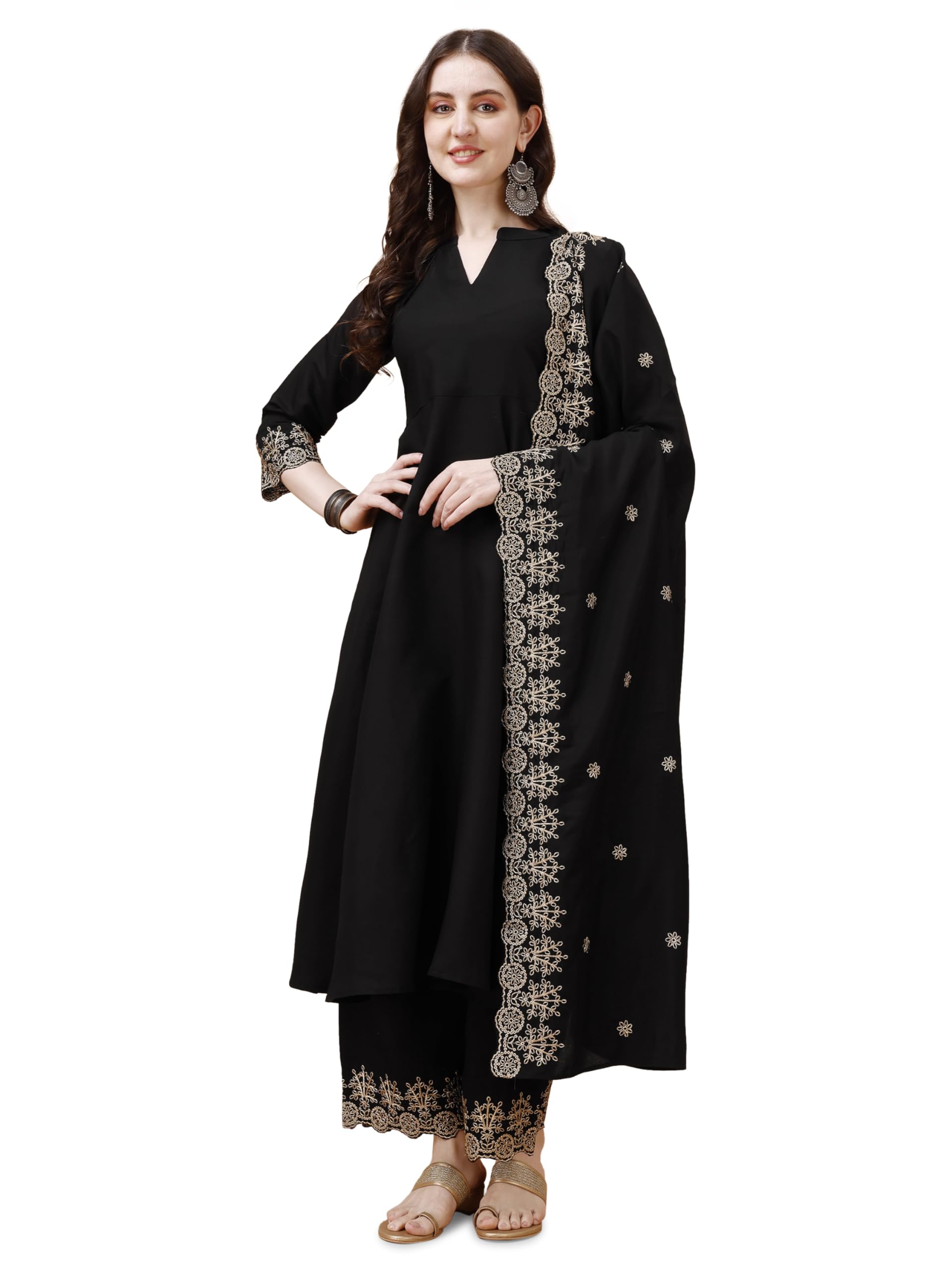 Pratham Blue Anarkali Womens Embroidered Silk Kurta with Palazzos and Dupatta, Black, Medium