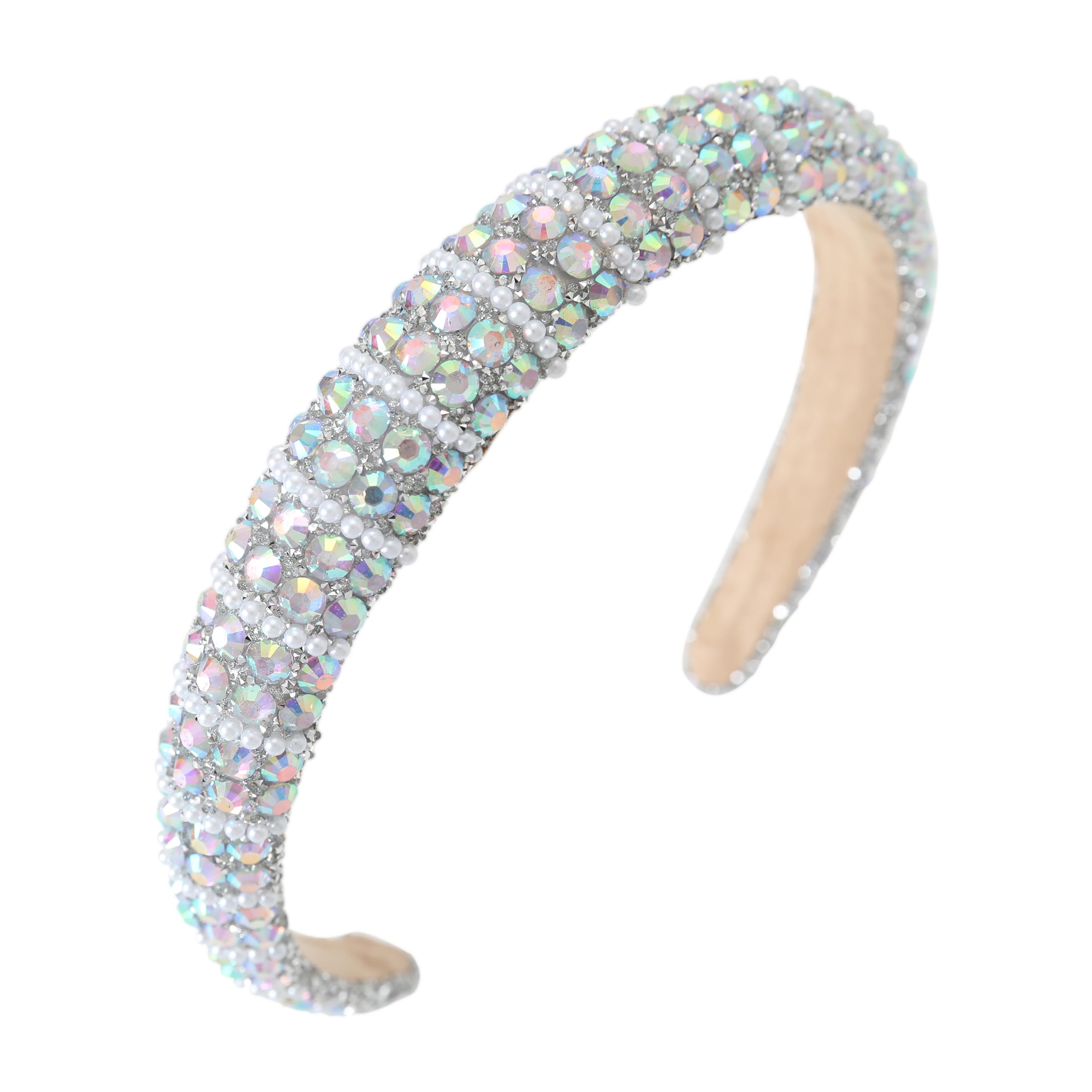Gmmidea Silver Diamond Rhinestone Headbands for Women Girls Bling Sparkle Beaded Crystal Headband Jeweled Thick Padded Hairband Non Slip Glitter Hair Hoop Accessories A-Silver Rainbow