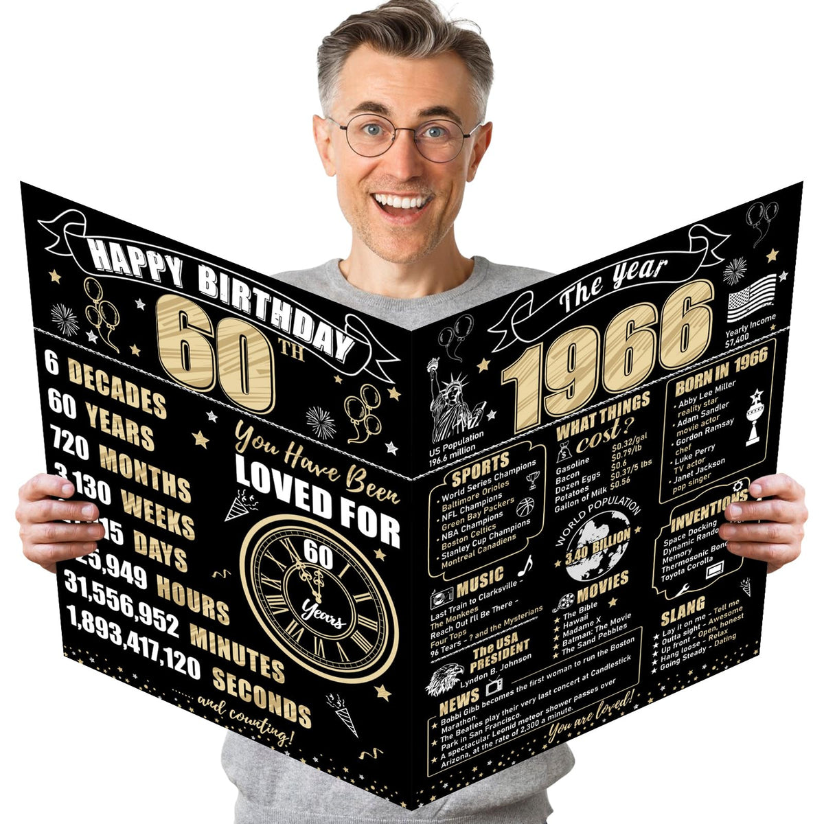 Turypaty Large 60th Birthday Card With Envelope for Men Women, 1966 Black Gold Happy 60th Birthday Giant Guest Signature Book Gifts, Big Vintage 1966 60 Greeting Card Decoration Party Supplies