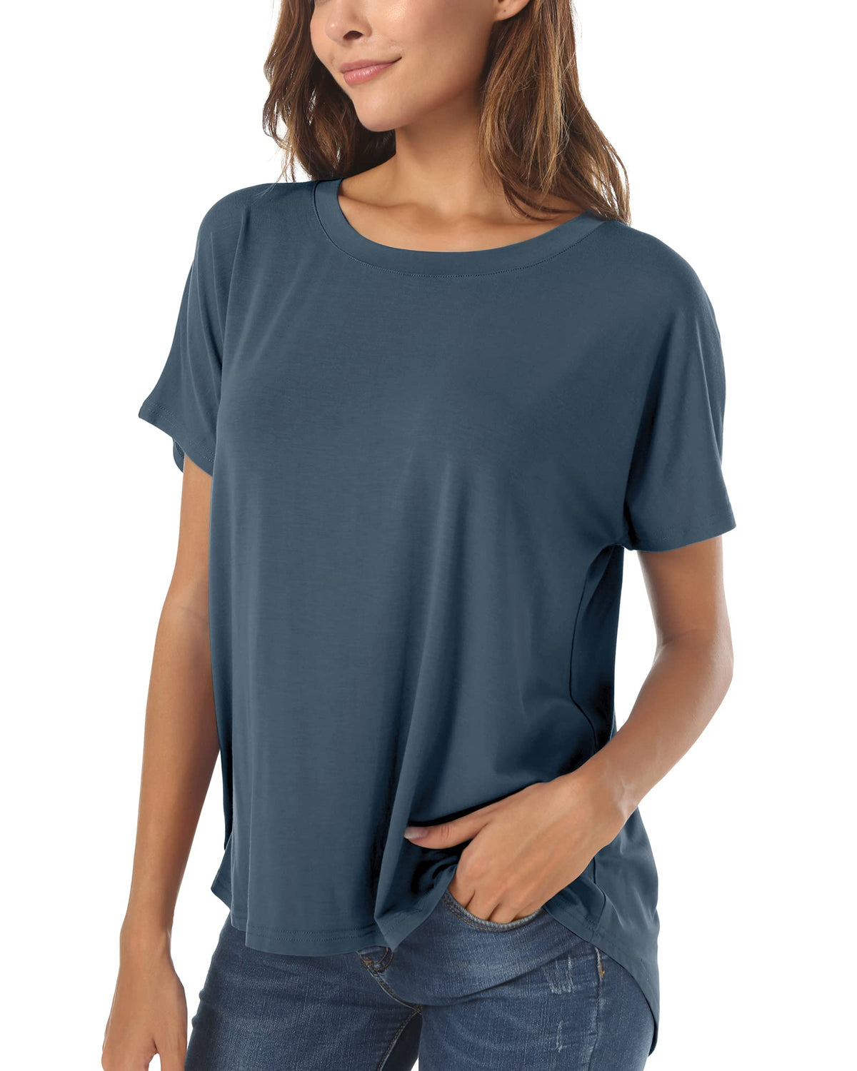 Women s Casual Tshirt Wide Neck Short Sleeve Well Made Hi Low Loose Fit Shirts with Side Slit Dusty Blue X-Large