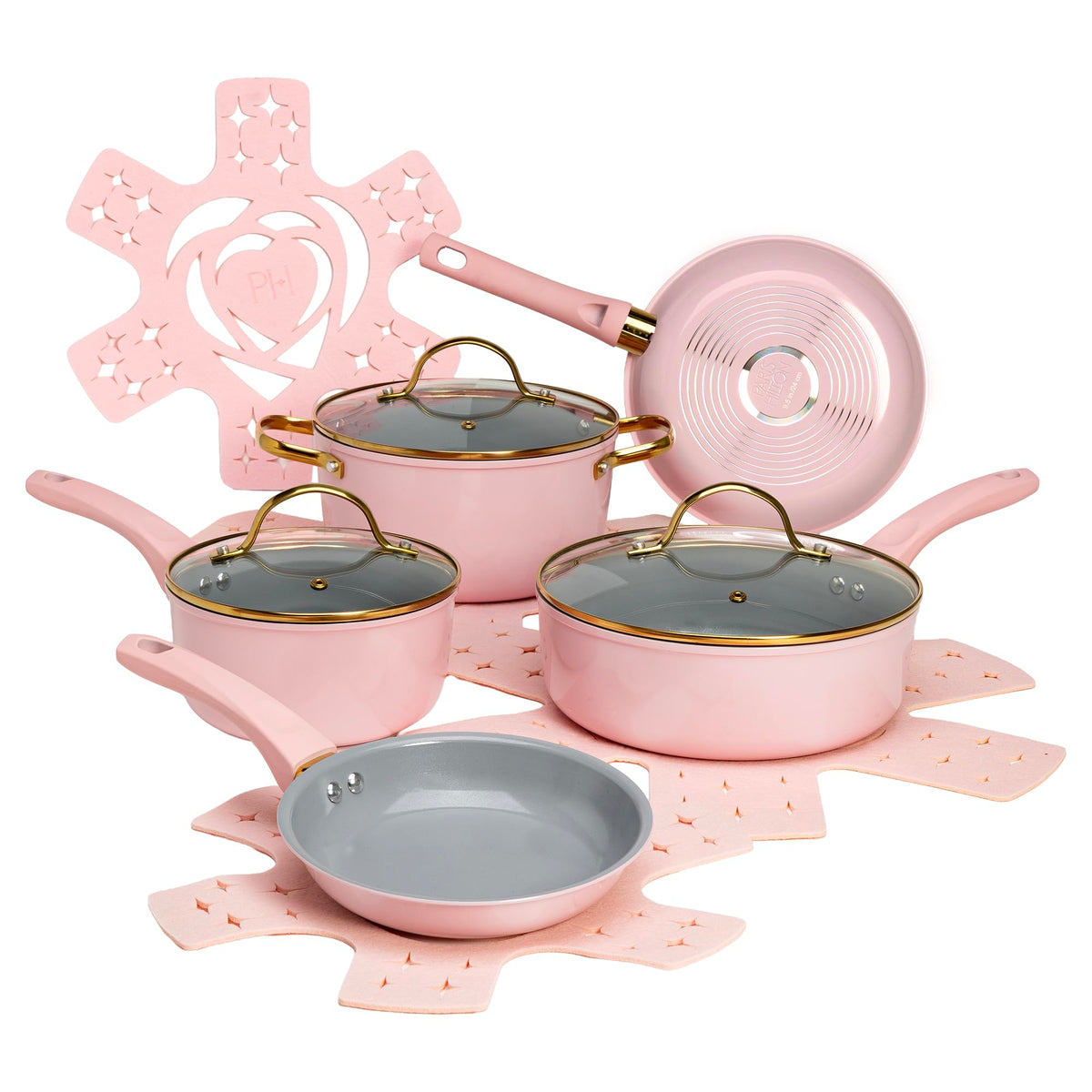 Paris Hilton Epic Nonstick Pots and Pans Set, Multi-layer Nonstick Coating, Tempered Glass Lids, Soft Touch, Stay Cool Handles, Made without PFOA, Dishwasher Safe Cookware Set, 12-Piece, Pink