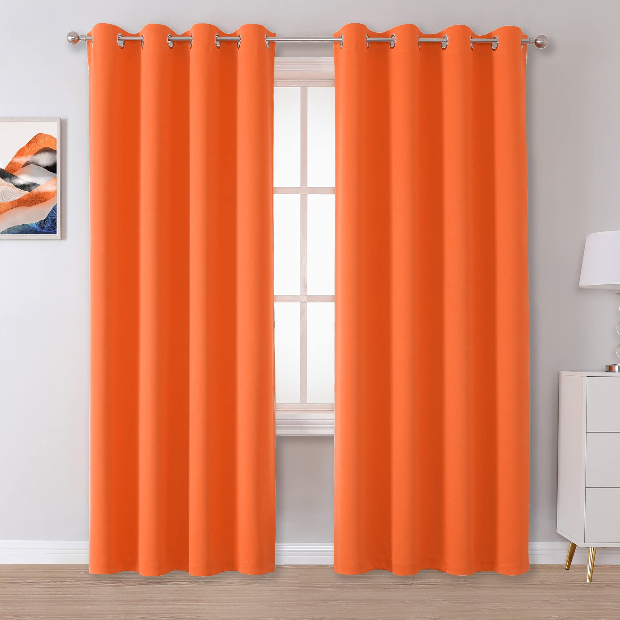 DUALIFE 90 Inch Orange Curtains for Living Room Bedroom Light Blocking Window Curtains Room Darkening Curtain Panels Thermal Insulated Grommet Top 52X90