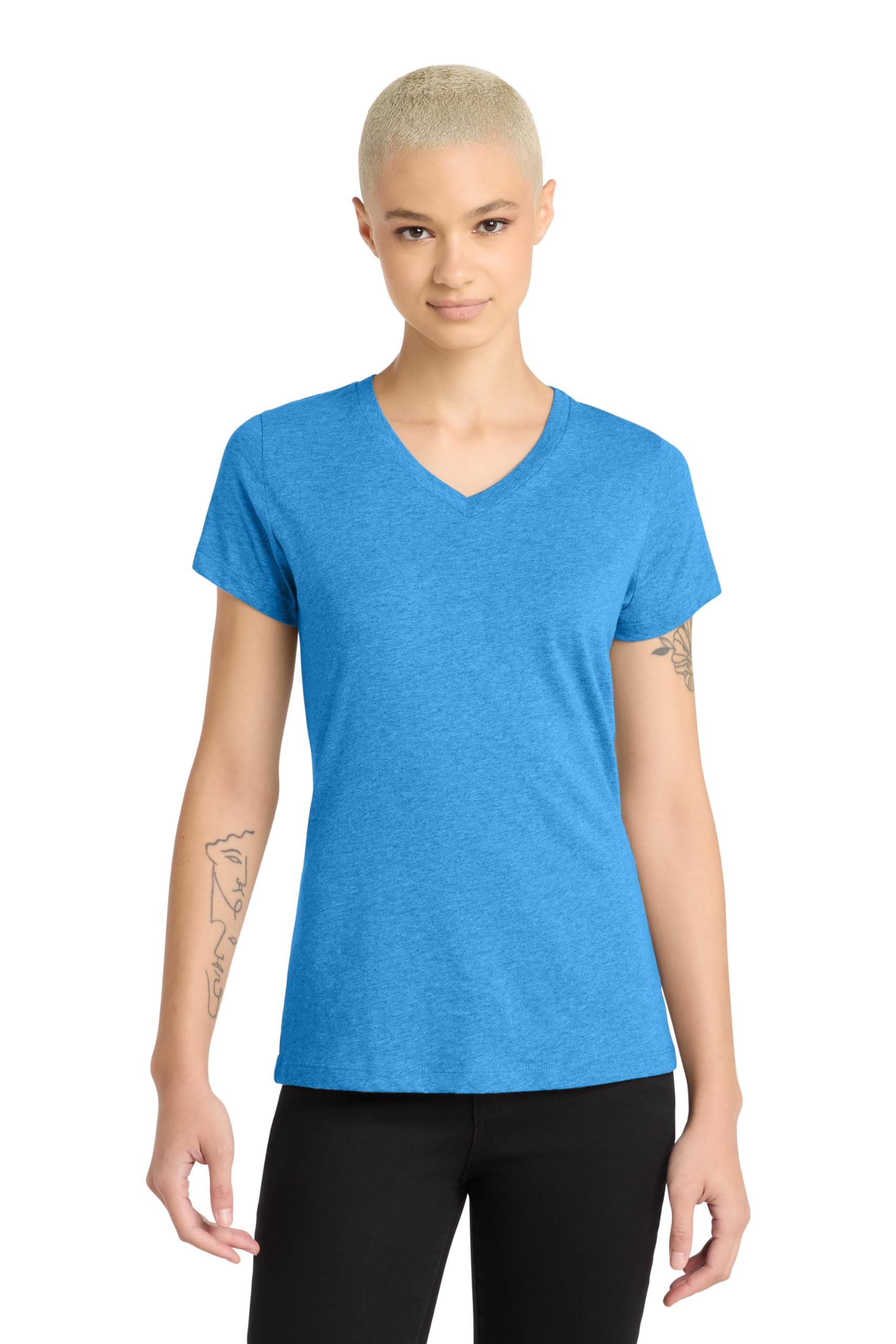 District Womens Perfect Blend CVC V-Neck Tee - Stylish Casual Short Sleeve T-Shirt, Soft Cotton & Polyester, Heathered Bright Turquoise, XL