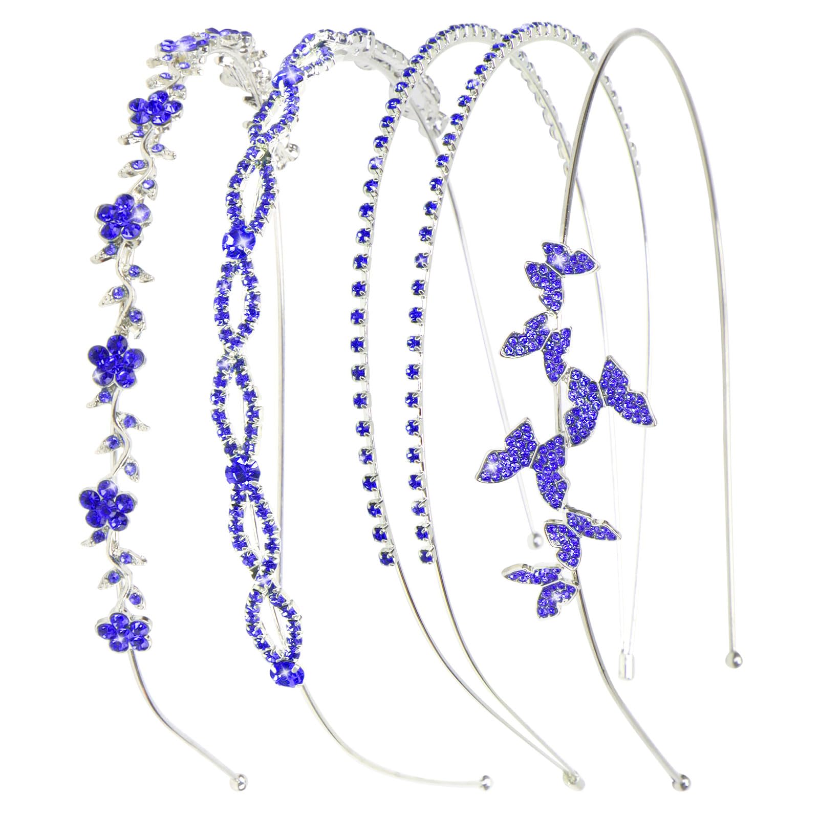 Wecoe Royal Blue Rhinestone Headband Flower Girl Wedding Headpiece Crystal Metal Headbands for Women Fashion Hairband Gifts 4 Pack