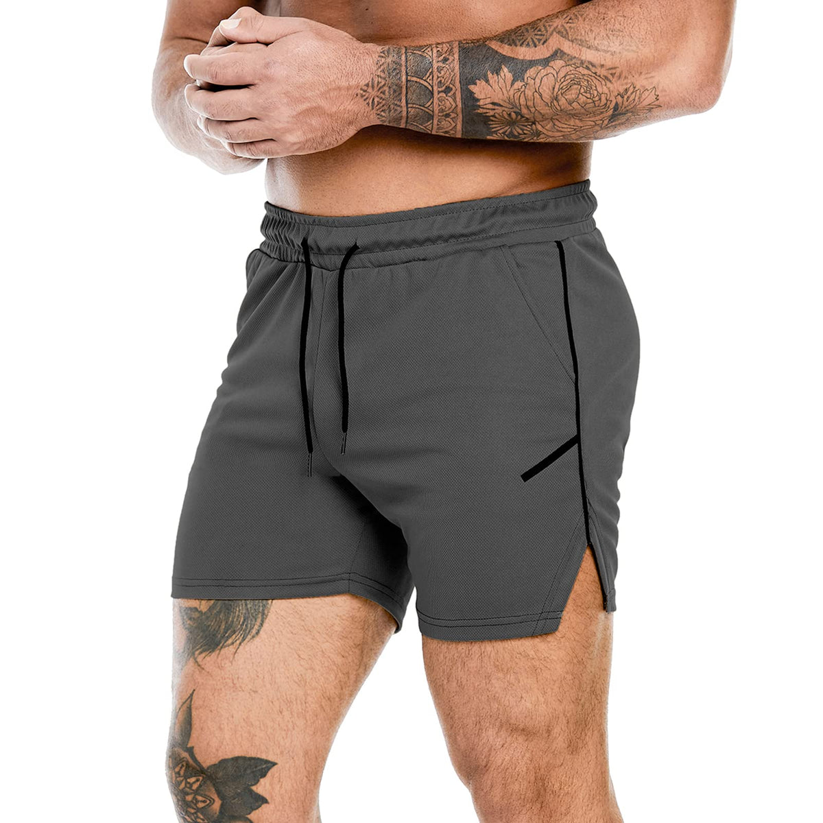 PIDOGYM Men s Workout Running Shorts 5 Inch  Lightweight Mesh Gym Athletic Fitted Short Pants for Bodybuilding Training Dark Grey