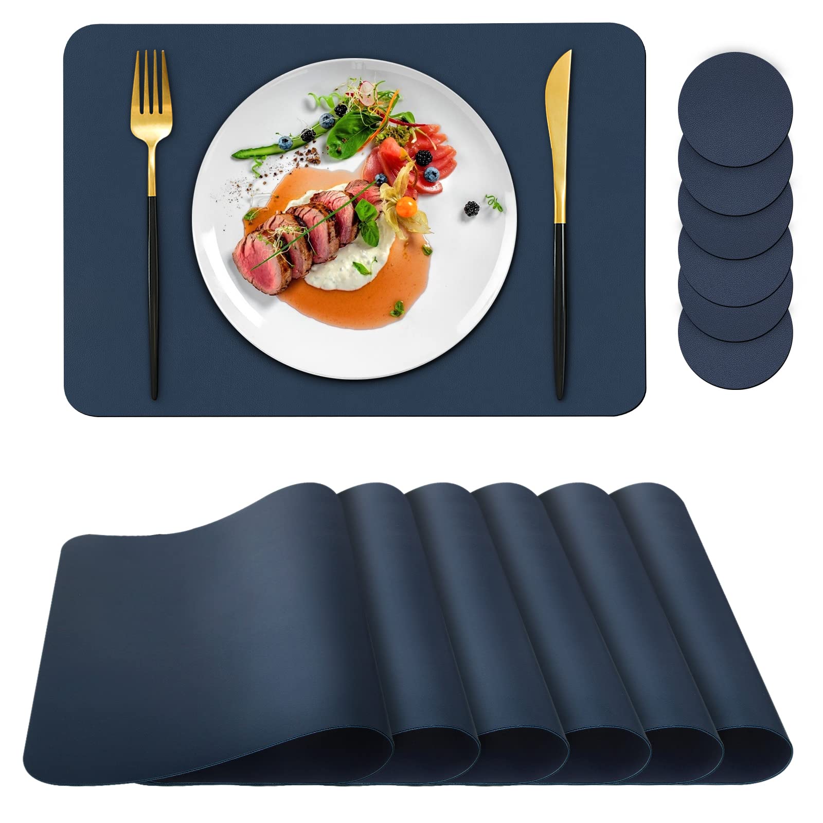 Bacgnyer Placemats Set of 6  Placemat with Coasters Heat Stain Scratch Resistant Non-Slip Waterproof Oil-Proof Washable Wipeable Outdoor Indoor for Dining Patio Table Kitchen Decor and Kids (Blue 6)