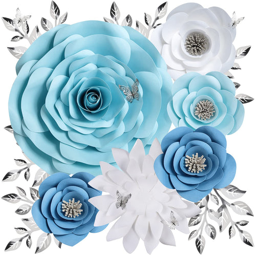 3D Blue Roses Artificial Flowers  Large Paper Flowers Decorations for Wall with Butterfly Stickers  Fake Flower Wall Decor for Baby Boy Nursery Room  Wedding Centerpiece  Party Backdrop