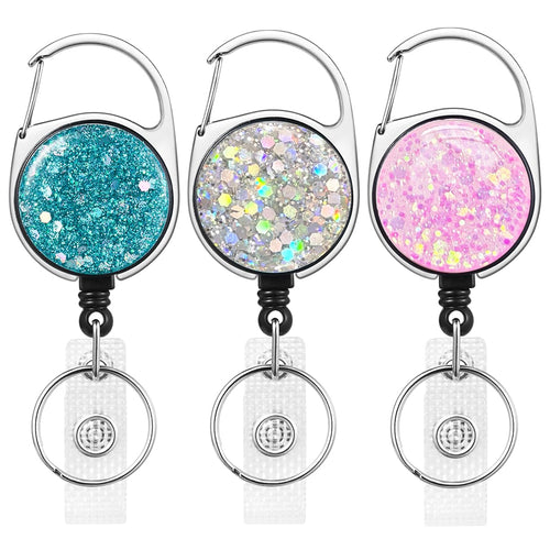 3 Pack Retractable Carabiner Badge Holder  FadyRaye Badge Reel with Belt Clip for Nurse Teacher Name Card Keychain [Bling Cute Design 27 Nylon Wire Cord]