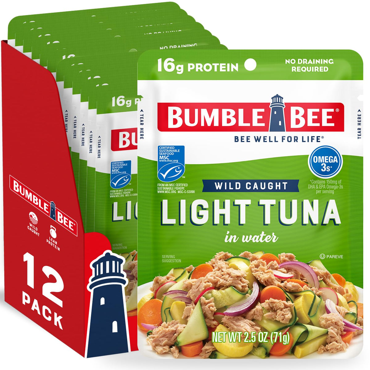 Bumble Bee Chunk Light Tuna in Water, 2.5 oz Pouch (Pack of 12)