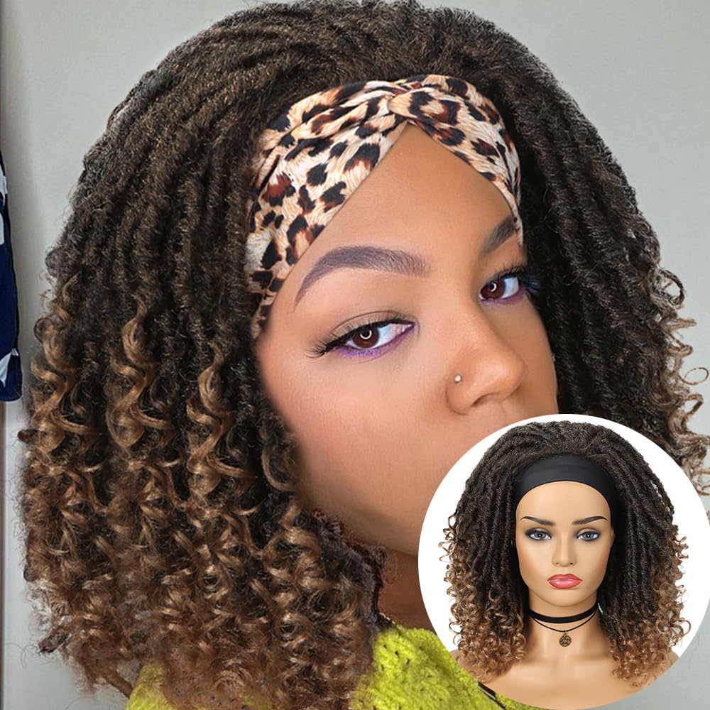 Czrleaty Dreadlock Braided Wigs with Headband Synthetic Goddess Faux Locs Hair Wig with Curly Ends Freetress Twist Crochet Hair Wigs For Black Women and Men (Ombre/27  Heandband)