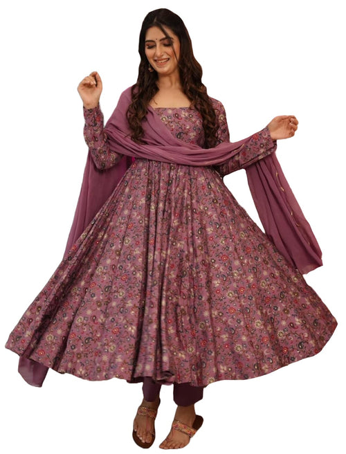 ANNI DESIGNER Womens Rayon Viscose A-Line Printed Kurta with Pant & Dupatta (MADAYANTI Purple_L_Purple_Large)