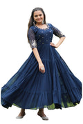 FOXDX Womens Georgette Long Dress with Thread Embroidery Ethnic Comfortable Round Neck Dress, Rd_morpich, M
