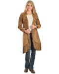 Scully Womens Helena Long Soft Suede Fringe Leopard Lining Coat, Cinnamin, SM