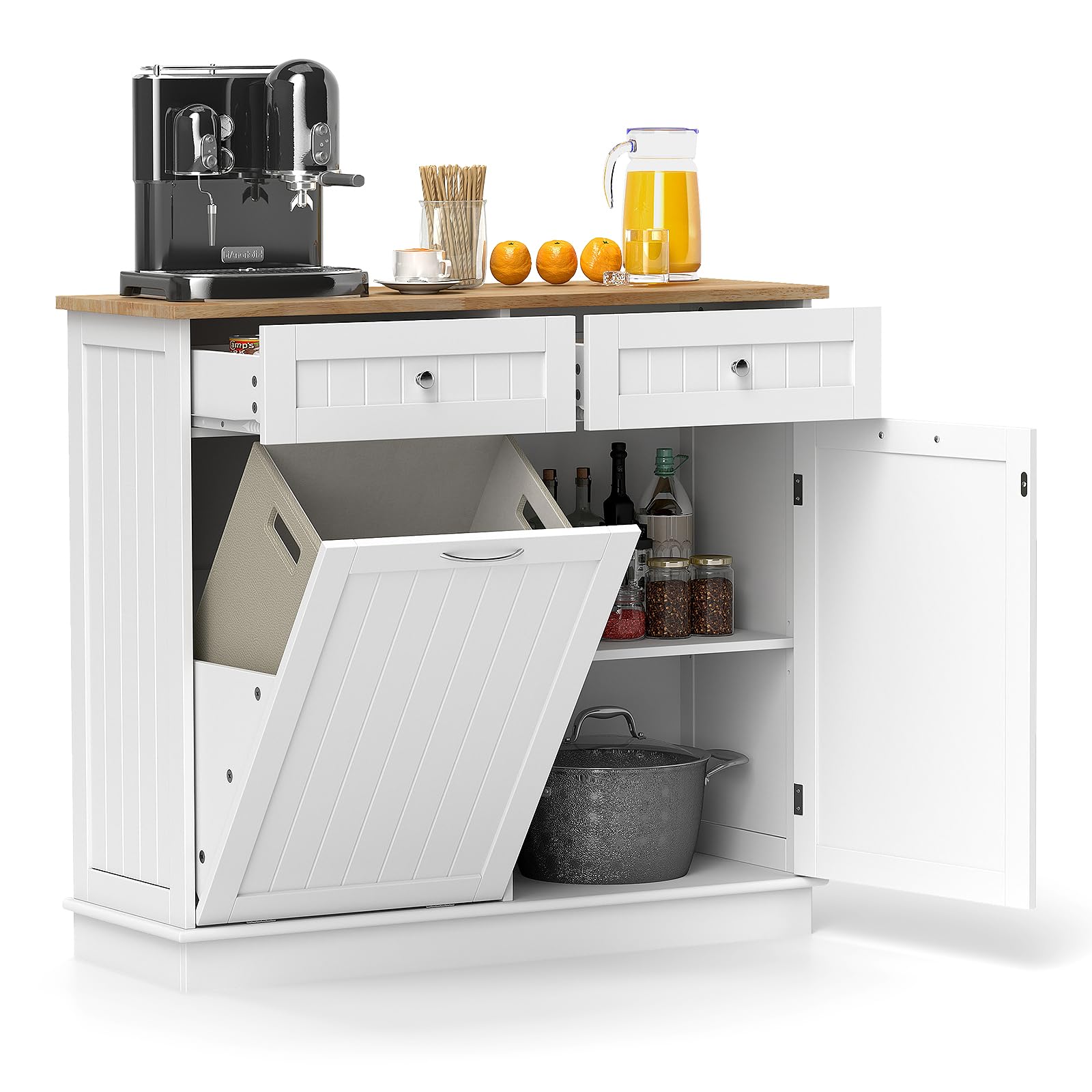 SILKYDRY Tilt Out Trash Cabinet, Kitchen Island with 2 Drawers & Adjustable Shelf, Rubber Wood Countertop, Freestanding Laundry Hamper, Recycle Bins Pet Proof Garbage Can Holder (White) Condition-Used