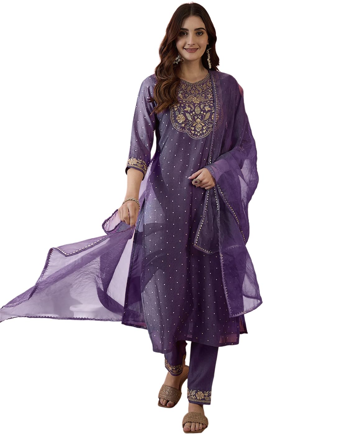 SheWill Silk Blend Sequence Thread Embroidered Kurta with Trousers Designed for Pretty Celebrations, Lavender, XXL