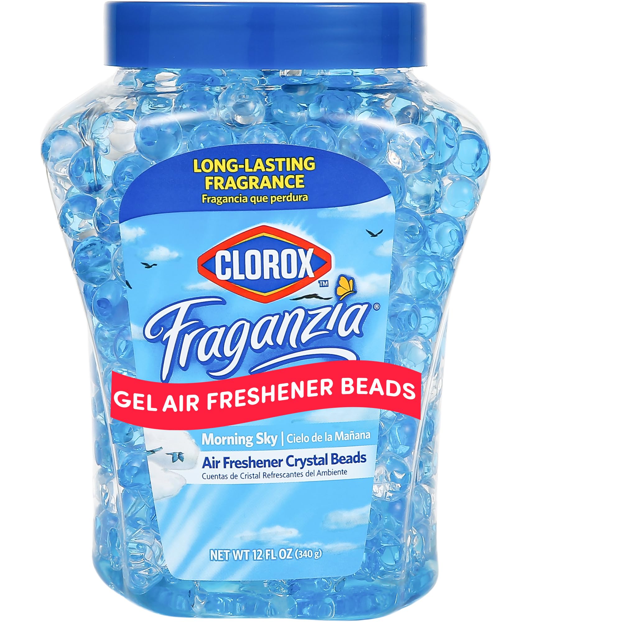 Clorox Fraganzia Crystal Beads Air Freshener, Long Lasting Room Deodorizer and Odor Eliminator Gel Beads to Freshen Home, Car, or Office, Morning Sky Scent, 12 Fl Oz Condition-New