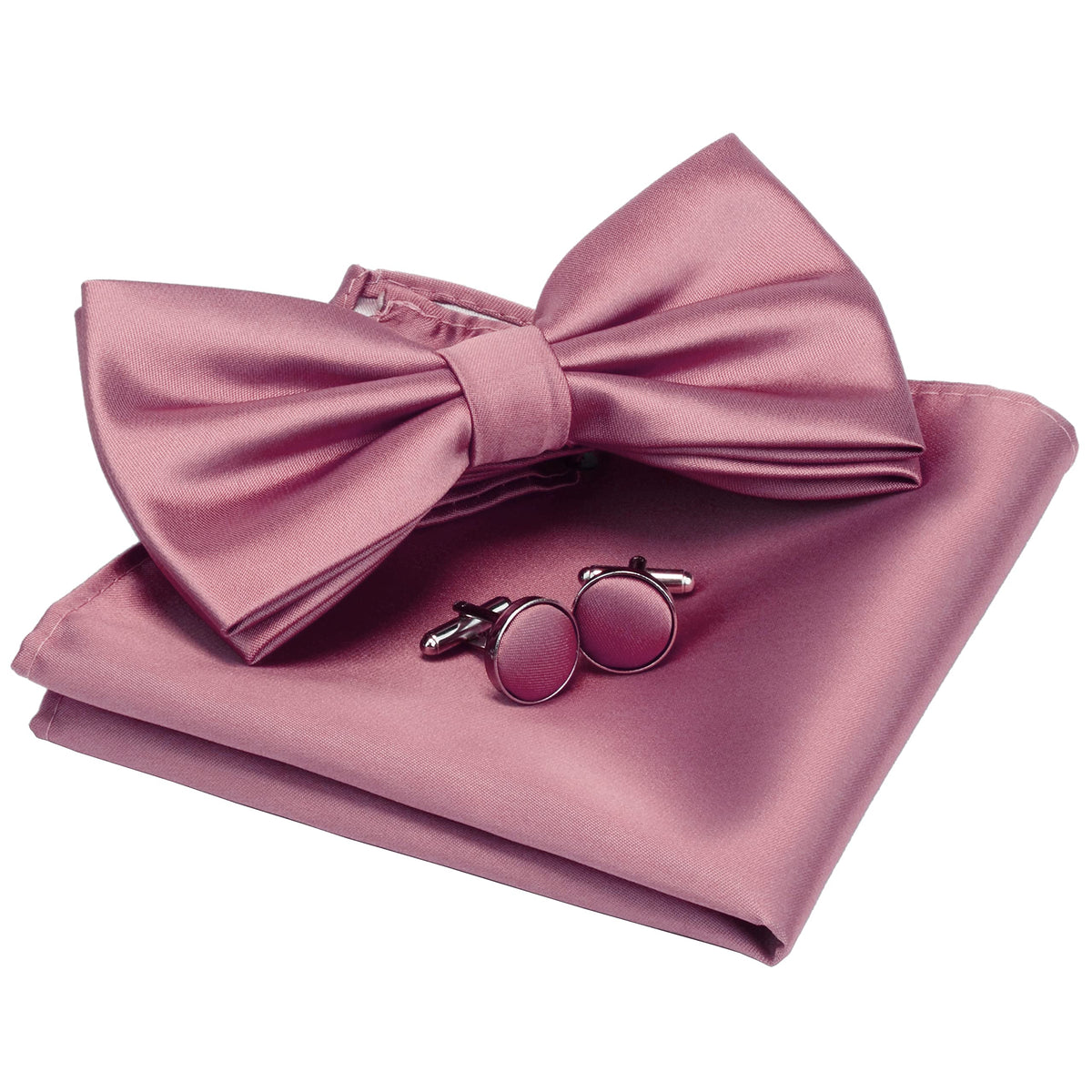 GUSLESON Mens Solid Color Pre-tied Dusty Rose Bow Tie and Pocket Square Cufflink Set for Wedding (0570-32)