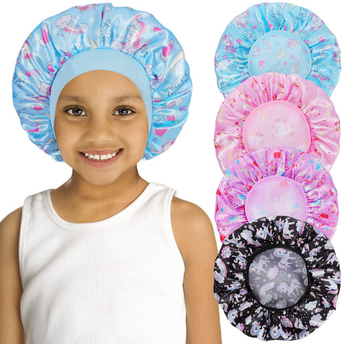 4 PCS Kids Satin Bonnet Child Sleeping Cap Soft Silk Bonnet Elastic Wide Band Breathable Baby Bonnets Night Sleep Caps Colorful Night Hats for Girls Toddler Teens Natural Hair (Unicorn)
