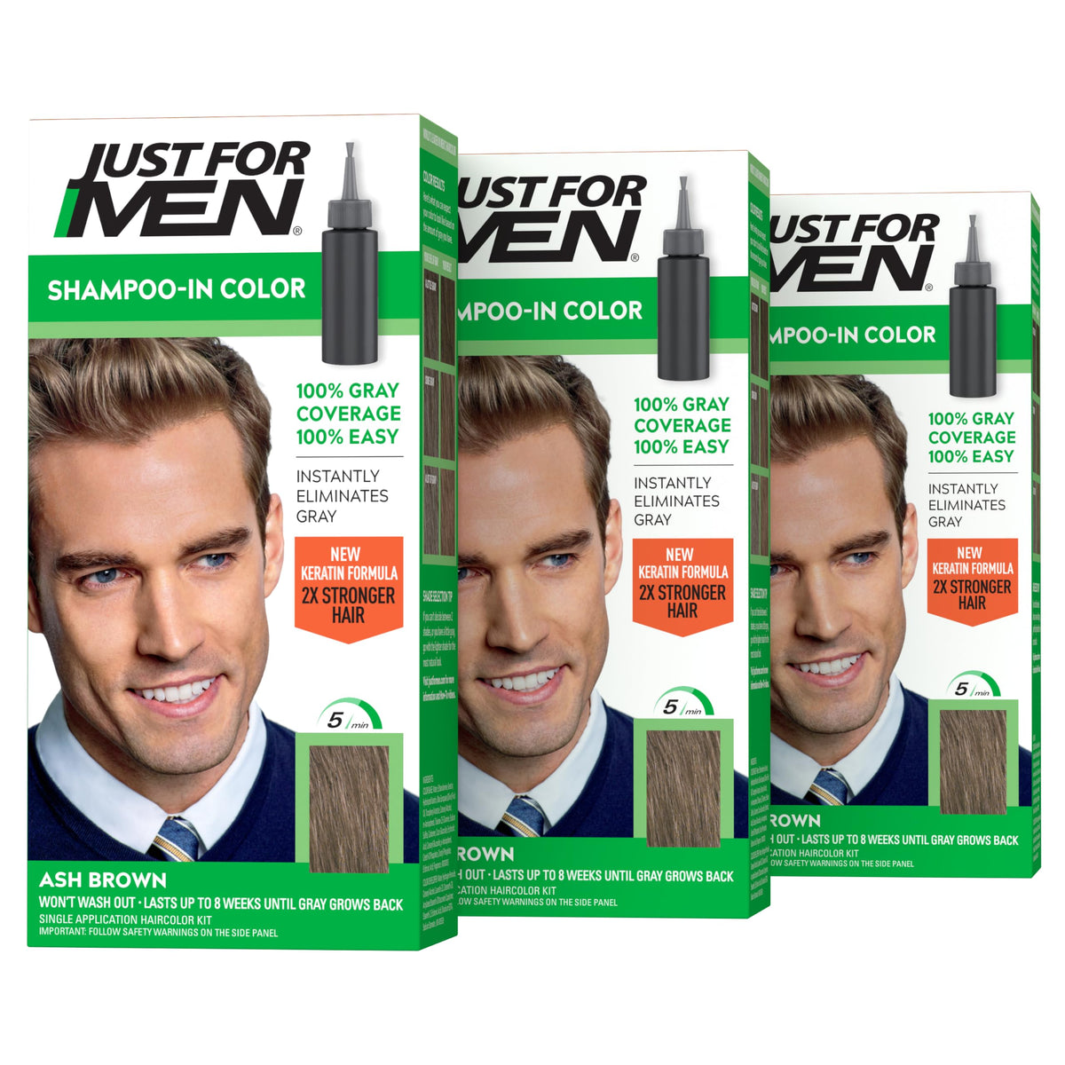 JUST FOR MEN Shampoo-In Color, Hair Color, Ash Brown H-20 (3 Pack)